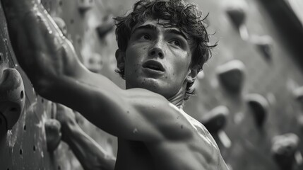Determined Young Man Conquering Gym Climbing Wall Generative AI - obrazy, fototapety, plakaty