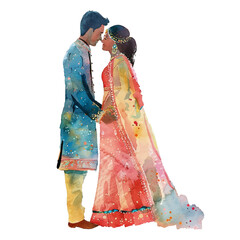 Romantic couple wedding indian dress watercolor ilustration