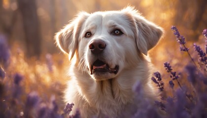 A serene white dog with light eyes basks in the warm glow of golden hour, surrounded by a dreamy...