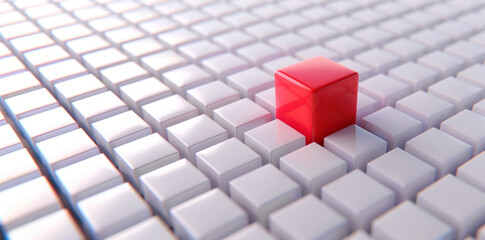 Red cube standing out from white grid. A conceptual representation of individuality and difference