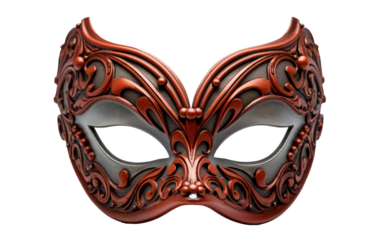 A red mask adorned with intricate ornate designs, exuding a sense of mystery and elegance