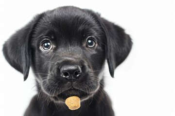 Cute black lab puppy balancing treat on nose White background for text - obrazy, fototapety, plakaty