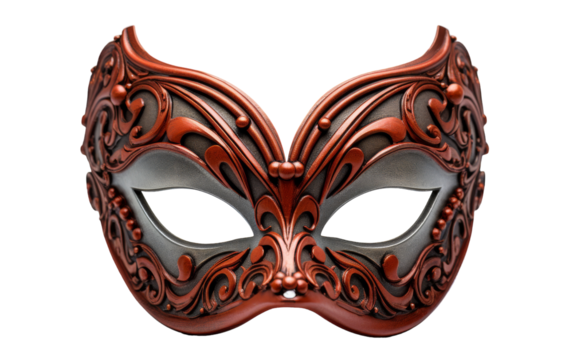 A red mask adorned with intricate ornate designs, exuding a sense of mystery and elegance