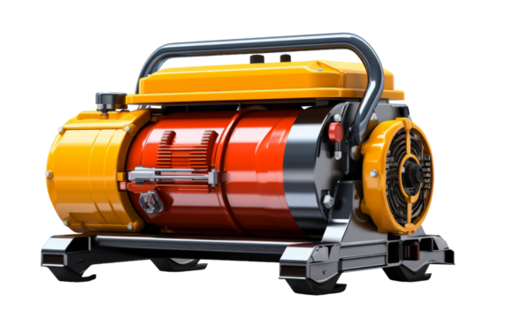 A vibrant yellow and red machine stands out against a stark white background