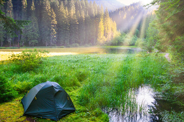 Green tent near forest lake in the mountains with blue water and morning light