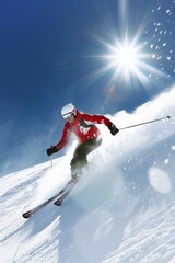 Sunlit Snowy Mountain Skier in Red