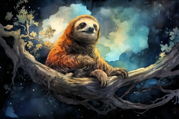 Fototapeta premium A painting depicting a sloth perched on a tree branch. The sloth is leisurely sitting, showcasing its slow-moving nature. The background portrays a cosmic theme with the tree resembling a galaxy