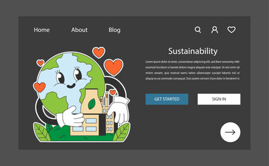 Sustainability night or dark mode web banner or landing page. Earth cartoon