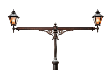 A lamp post stands tall, adorned with two bright lights shining in the darkness