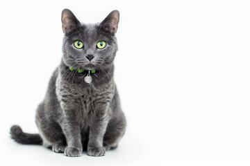 Gray cat with green eyes isolated on white background looking at camera with green collar
