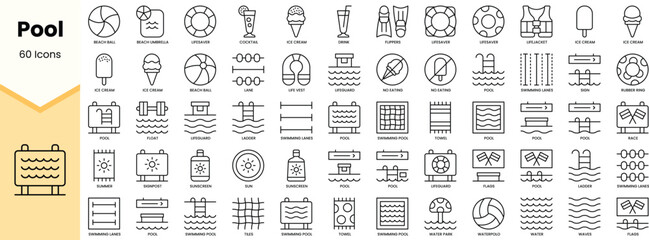 Set of pool icons. Simple line art style icons pack. Vector illustration