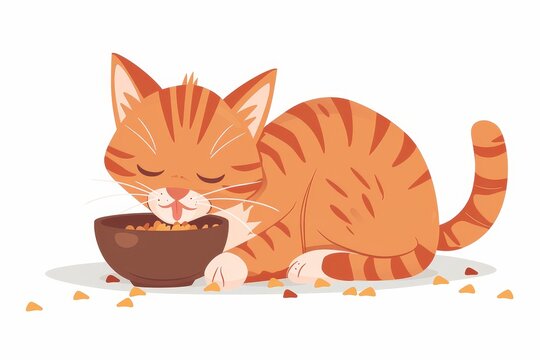 Adorable cat eats from bowl white background