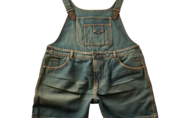 A pair of vibrant green denim overalls stands out against a crisp white background