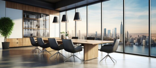 An illustration of a modern conference room with a panoramic view of the city skyline visible through the windows