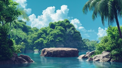 Floating stone in water. Illustration featuring a rock podium. 