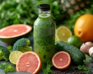 A bottle of green juice with fruits and vegetables. Generative AI.