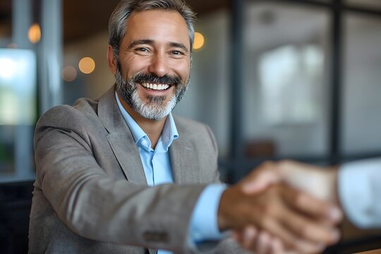 Gl&uuml;cklicher Gesch&auml;ftsmann, Personalvermittler, HR-Manager, Hand sch&uuml;tteln beim Vorstellungsgespr&auml;ch. L&auml;chelnder, professioneller F&uuml;hrungsberater mittleren Alters und Bankkunde sch&uuml;tteln Hand