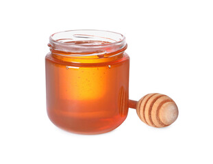 Tasty natural honey in glass jar and dipper isolated on white