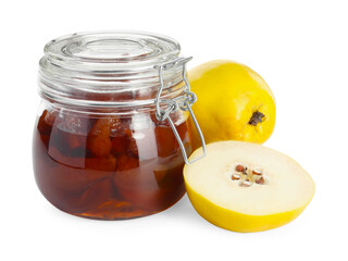 Quince jam in glass jar and fresh raw fruits isolated on white