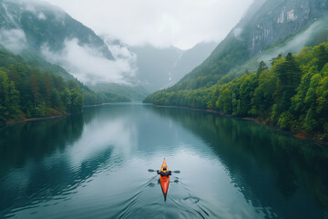 aerial view of A single kayaker cuts a path through the glassy surface of a mountain lake, enveloped by mist and lush, forested slopes.