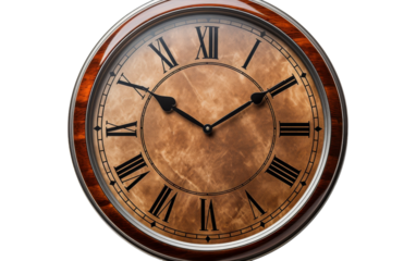 A clock displaying Roman numerals on a white background