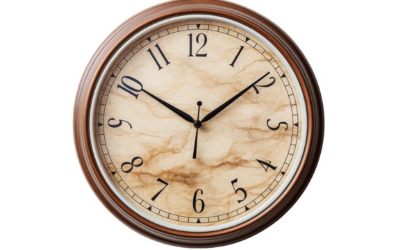 A clock hangs sideways on a weathered brick wall, its hands frozen in time