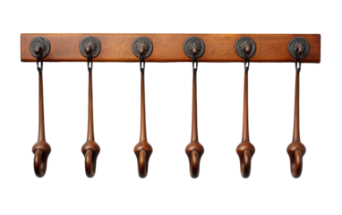 A wooden coat rack adorned with six hooks stands tall, ready to hold coats and hats in a whimsical setting