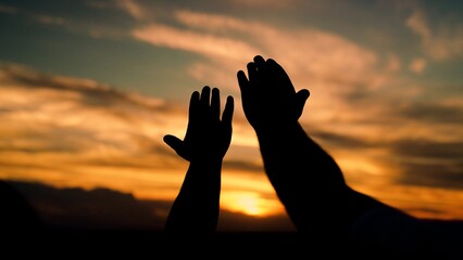 Man woman couple stretches their hands up to sun. Adventures, travel. Prayer sunset, faith in God, Man and woman raise their hands to sunny sky. Religion and faith teamwork. Group of friends, teamwork