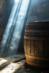 Fototapeta na wymiar Mystical Sunlit Barrel in a Dark Room