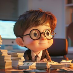 A cartoon boy in glasses sitting at a desk with stacks of money. Generative AI.
