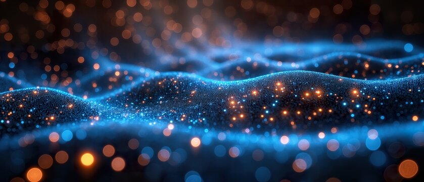 Abstract landscape of glittering nodes and particles, evoking a sense of digital connectivity or neural networks in a vast data field
