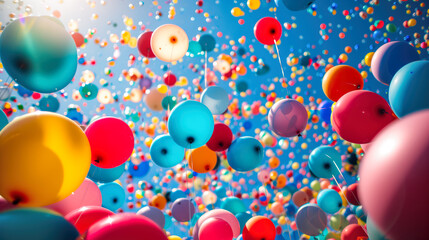 A bunch of colorful balloons are floating in the air