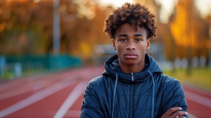 Determined Runner Preparing for a Sprint on an Outdoor Track Generative AI