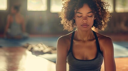 Young Woman Engrossed in Yoga Practice During Fitness Class Generative AI - obrazy, fototapety, plakaty