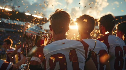 Victorious Football Players Posing with a Trophy after the Game Generative AI