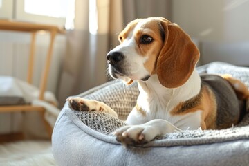 Adorable Beagle sitting by light wall in bed