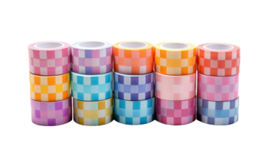 A vibrant stack of colorful tape rolls in various hues and patterns