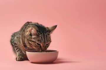 Adorable cat eating from colorful bowl
