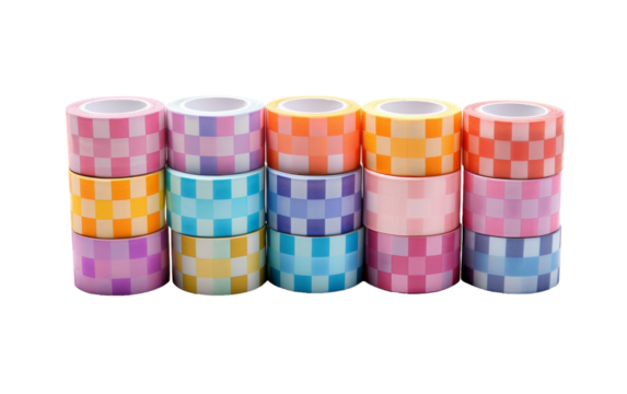 A vibrant stack of colorful tape rolls in various hues and patterns