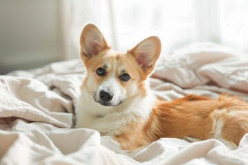 Adorable Corgi mix with fawn coloring on bed