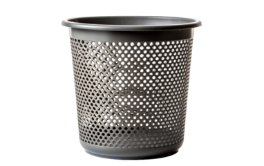 A metal trash can with intricate holes, creating a whimsical pattern when sunlight shines through