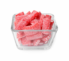 Tasty pink candies in bowl isolated on white