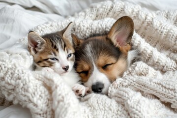 Adorable corgi puppy and tabby kitten snuggle under a white blanket on bed at home Top view with space for text