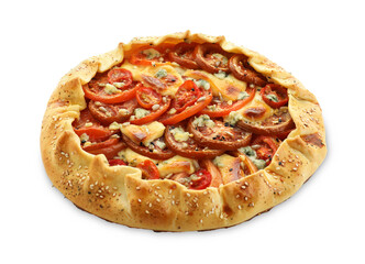 Tasty galette with tomato and cheese (Caprese galette) isolated on white