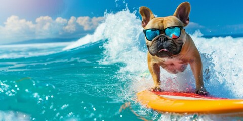 A bulldog wearing sunglasses riding a surfboard in the ocean. Generative AI.