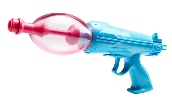 A vibrant blue and red toy gun with a sleek red handle, ready for action