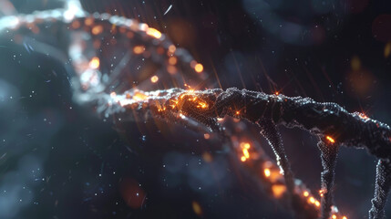 A 3D model of a DNA strand twists with illuminated nodes, symbolizing genetic technology and scientific research
