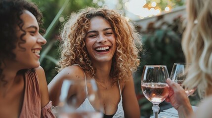 Fototapeta na wymiar Friends Enjoying Laughter and Wine Outdoors Generative AI