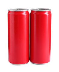 Energy drinks in red aluminum cans on white background