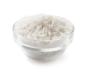 Raw basmati rice in glass bowl isolated on white
